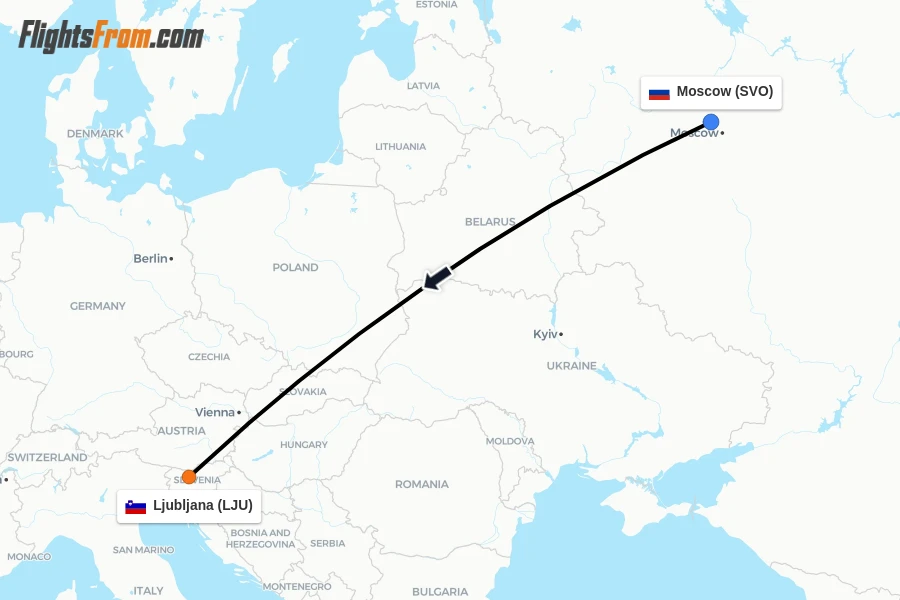 Flights from Moscow to Ljubljana route map