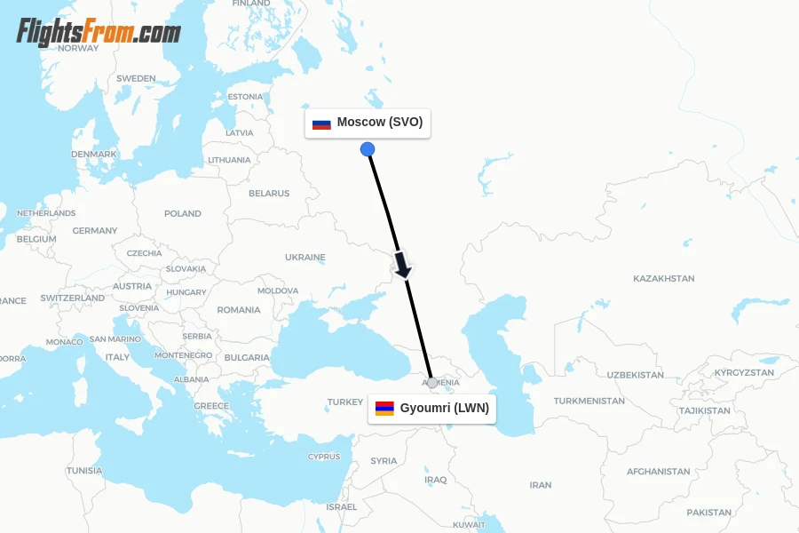 Flights from Moscow to Gyoumri route map