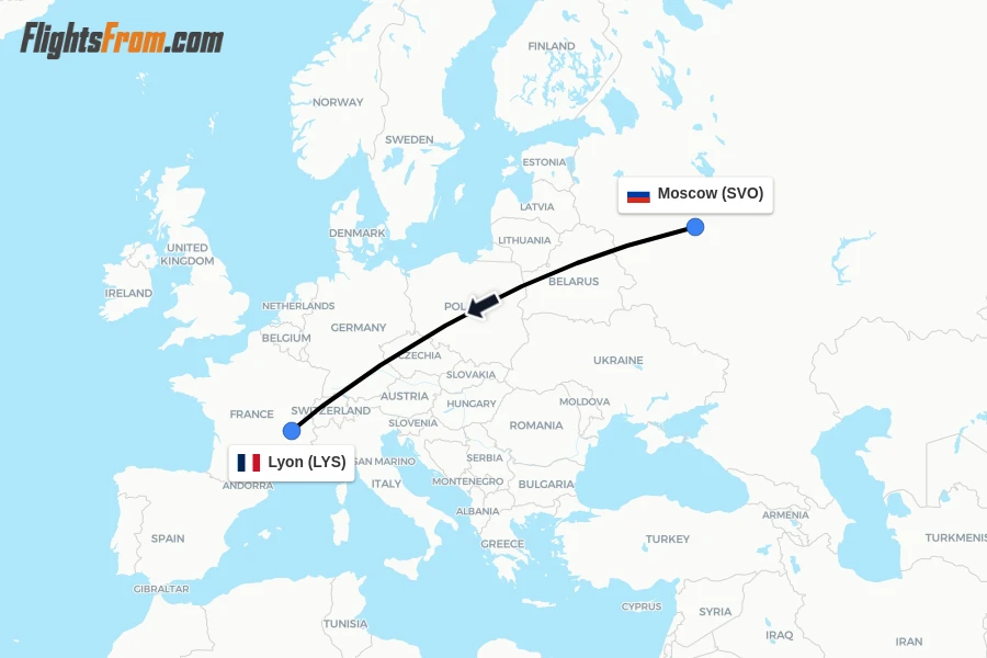 Flights from Moscow to Lyon route map