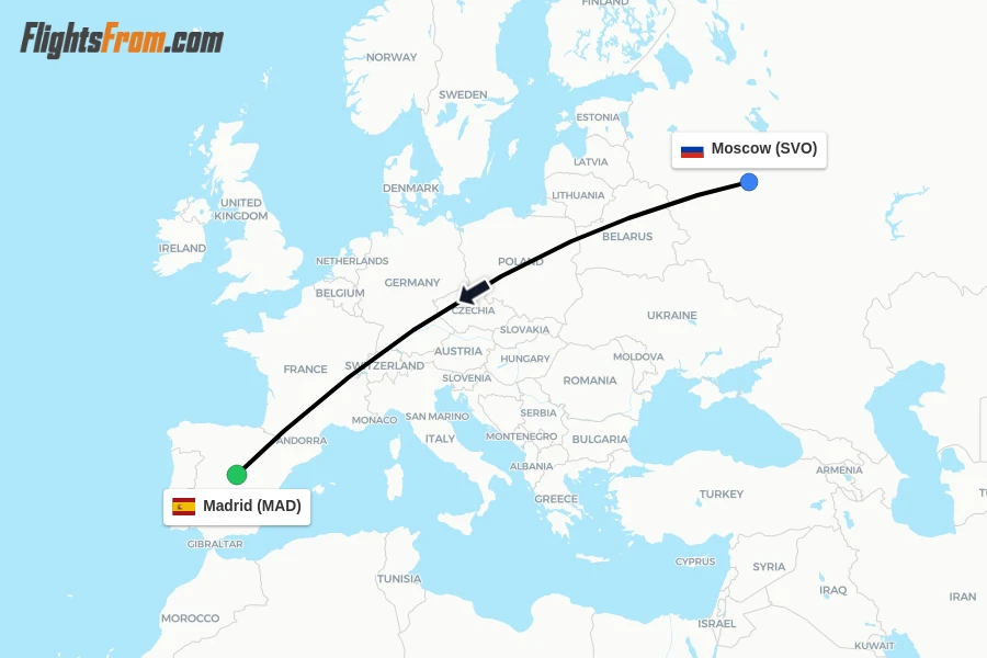 Flights from Moscow to Madrid route map