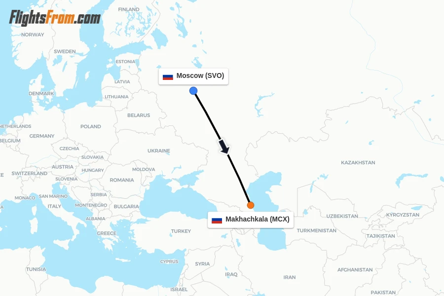 Flights from Moscow to Makhachkala route map