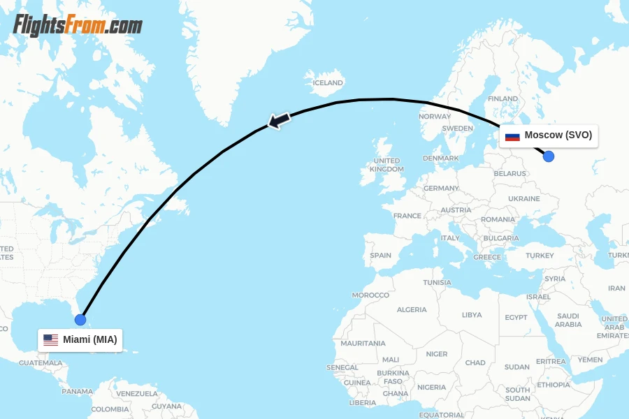 Flights from Moscow to Miami route map