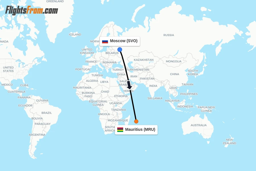 Flights from Moscow to Mauritius route map