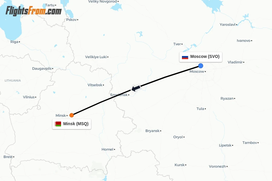 Flights from Moscow to Minsk route map