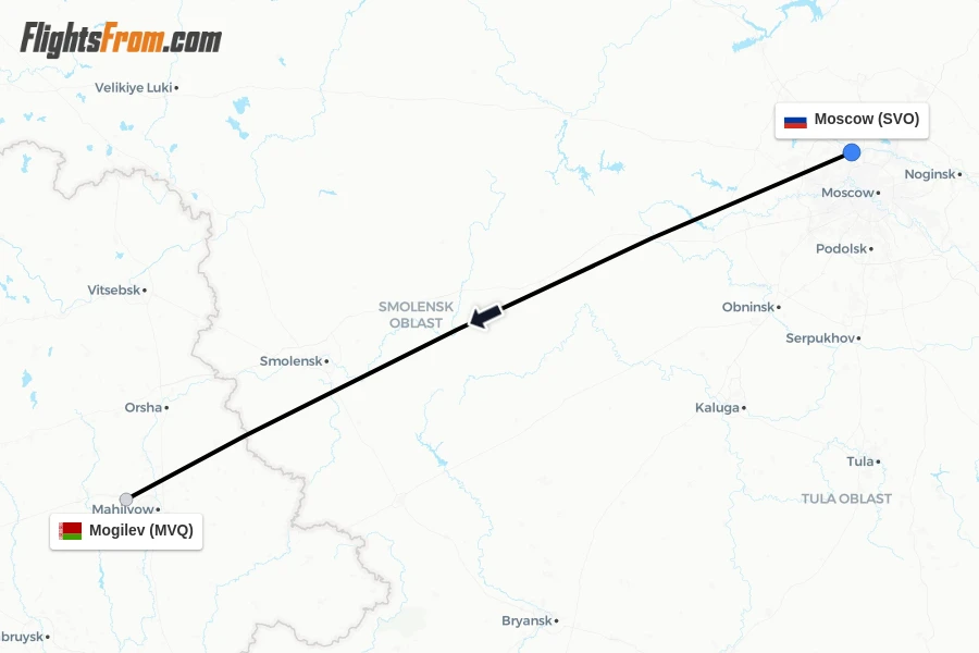 Flights from Moscow to Mogilev route map