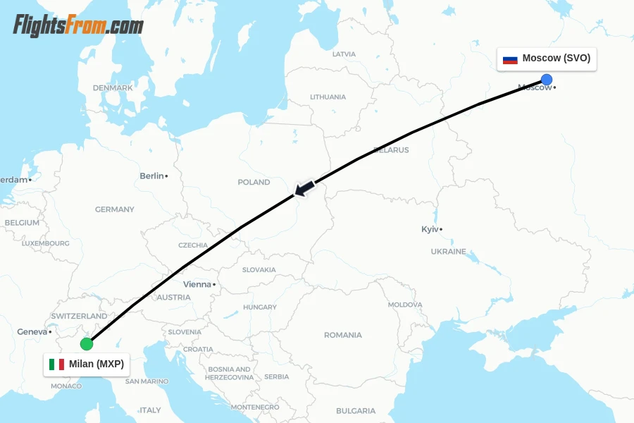 Flights from Moscow to Milan route map