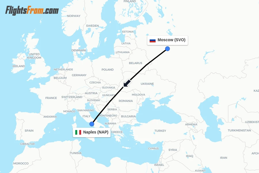Flights from Moscow to Naples route map