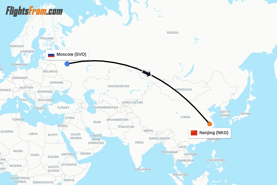 Flights from Moscow to Nanjing route map