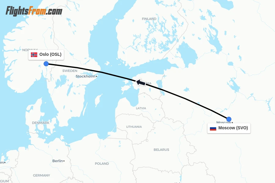 Flights from Moscow to Oslo route map