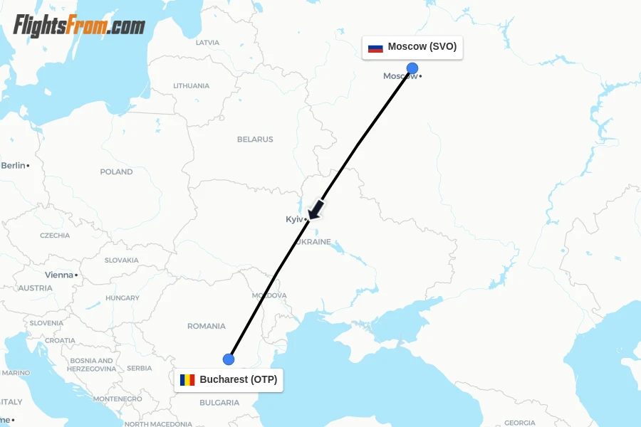 Flights from Moscow to Bucharest route map