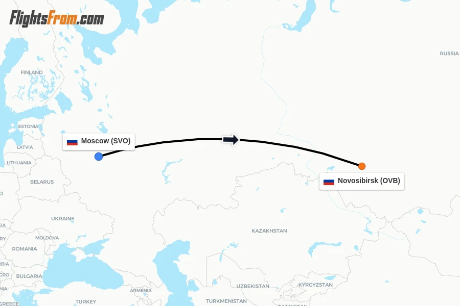 Flights from Moscow to Novosibirsk route map