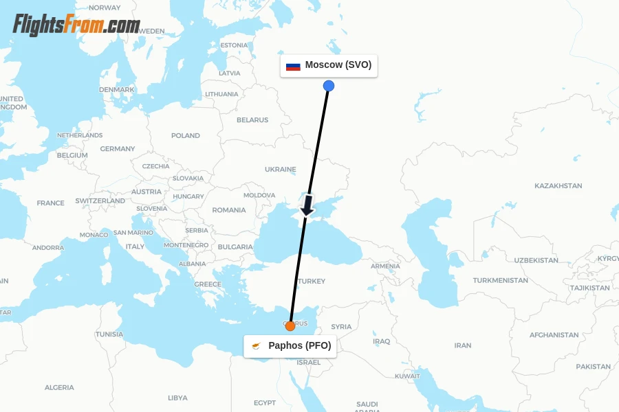 Flights from Moscow to Paphos route map