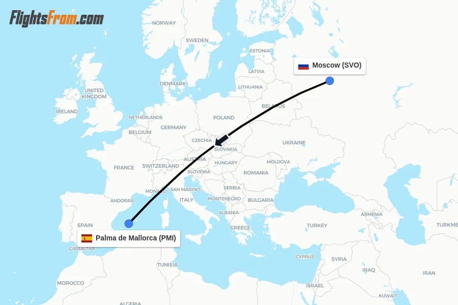 Flights from Moscow to Palma de Mallorca route map