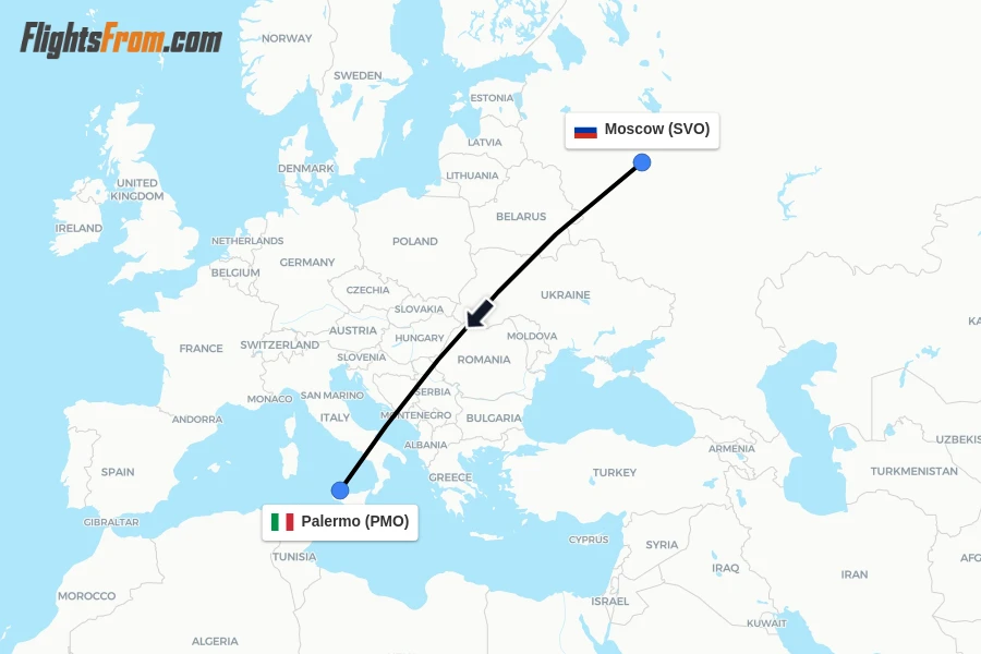 Flights from Moscow to Palermo route map