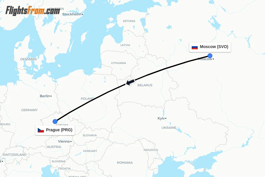 Flights from Moscow to Prague route map