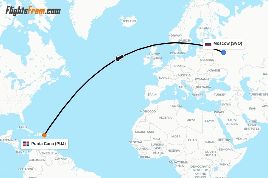 Flights from Moscow to Punta Cana route map