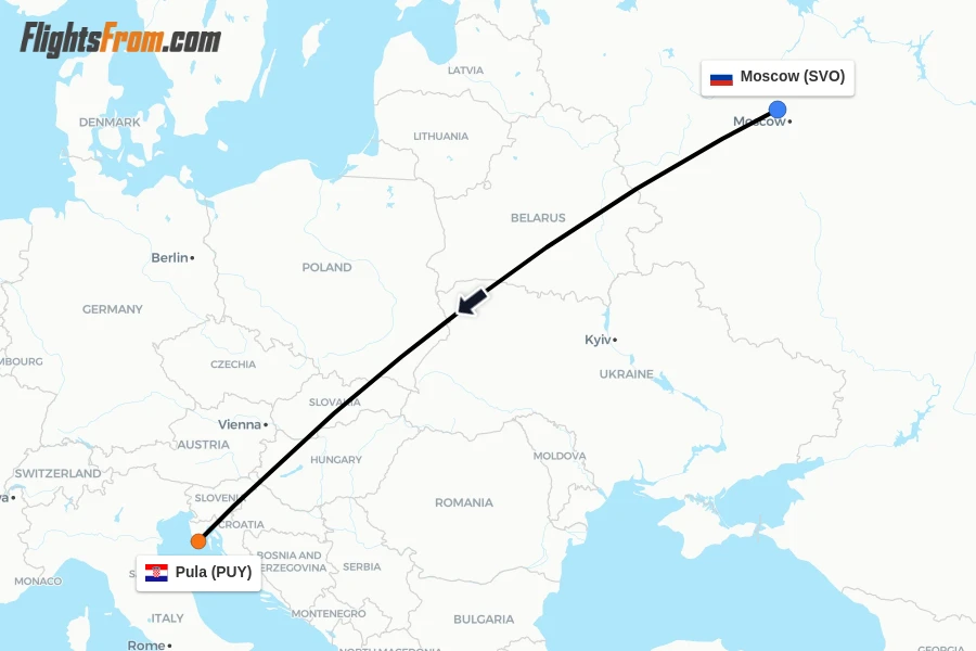 Flights from Moscow to Pula route map