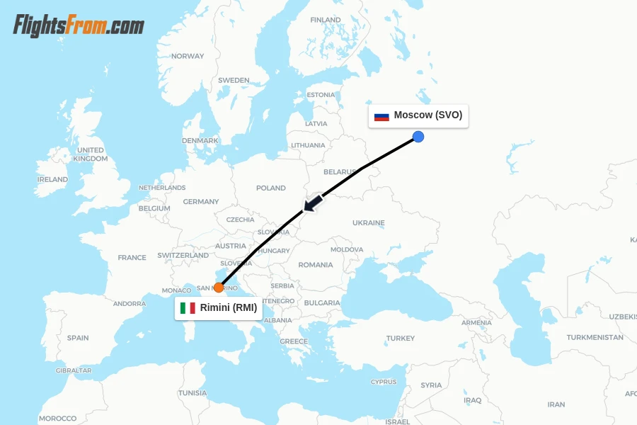 Flights from Moscow to Rimini route map