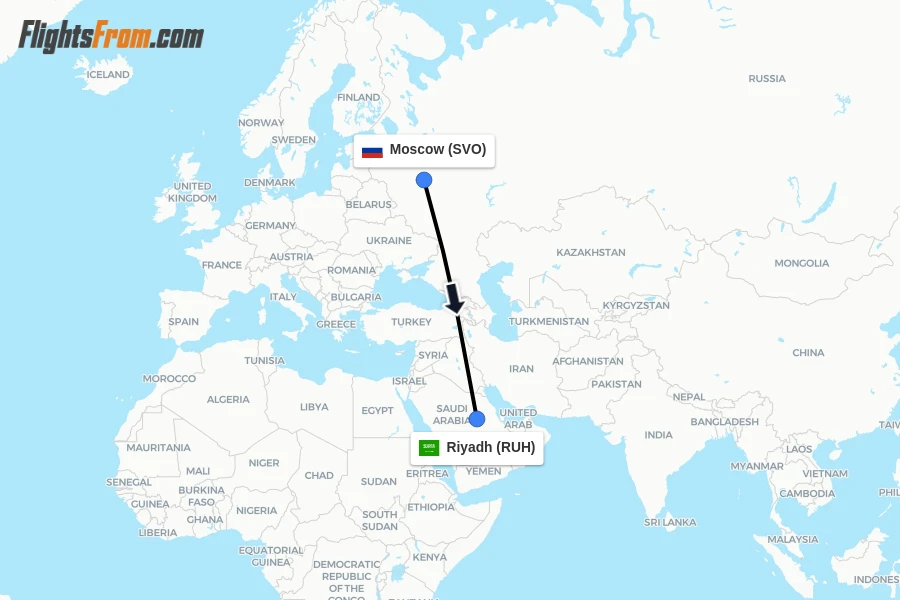 Flights from Moscow to Riyadh route map