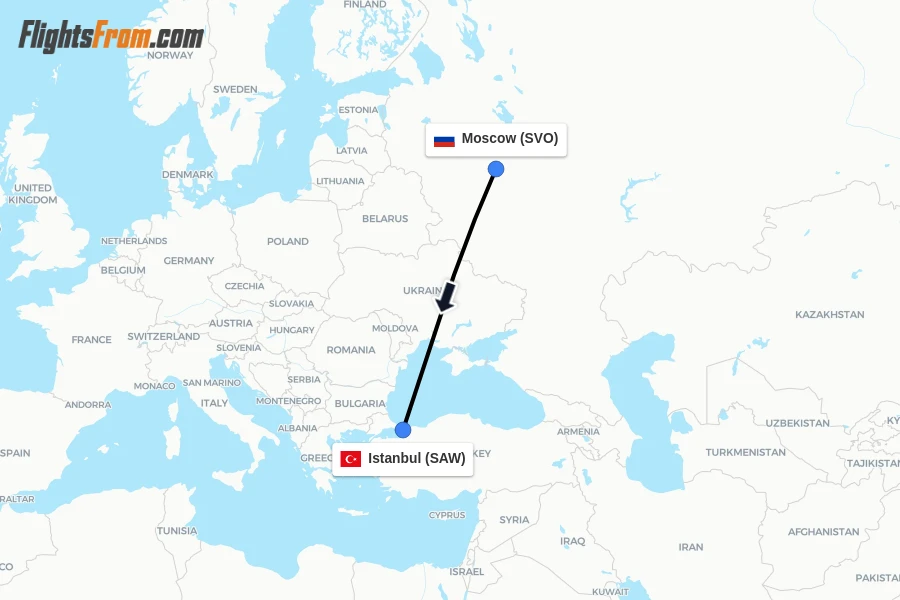 Flights from Moscow to Istanbul route map