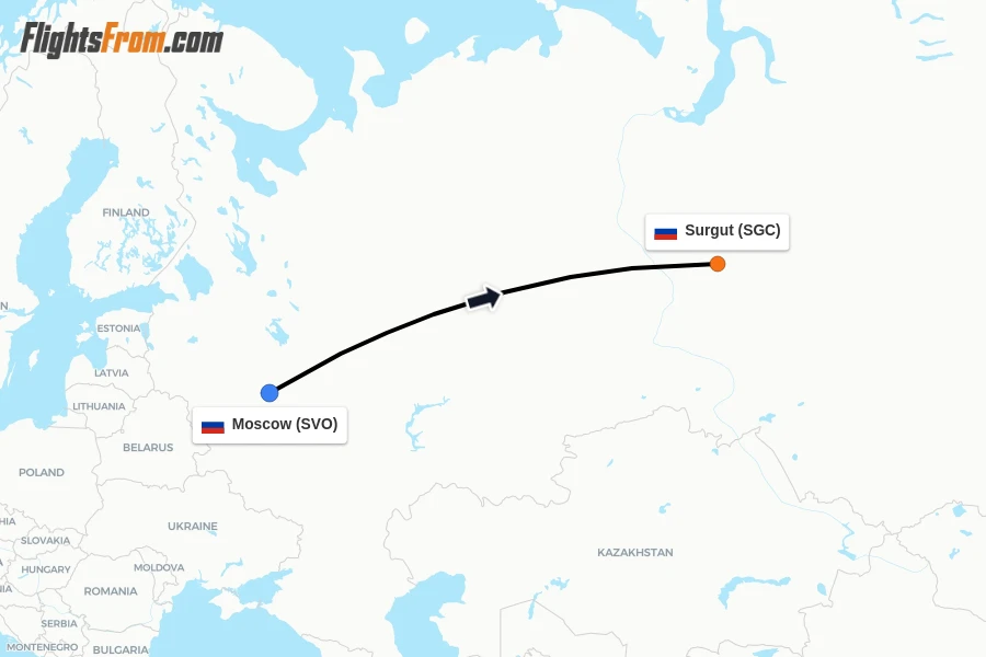 Flights from Moscow to Surgut route map