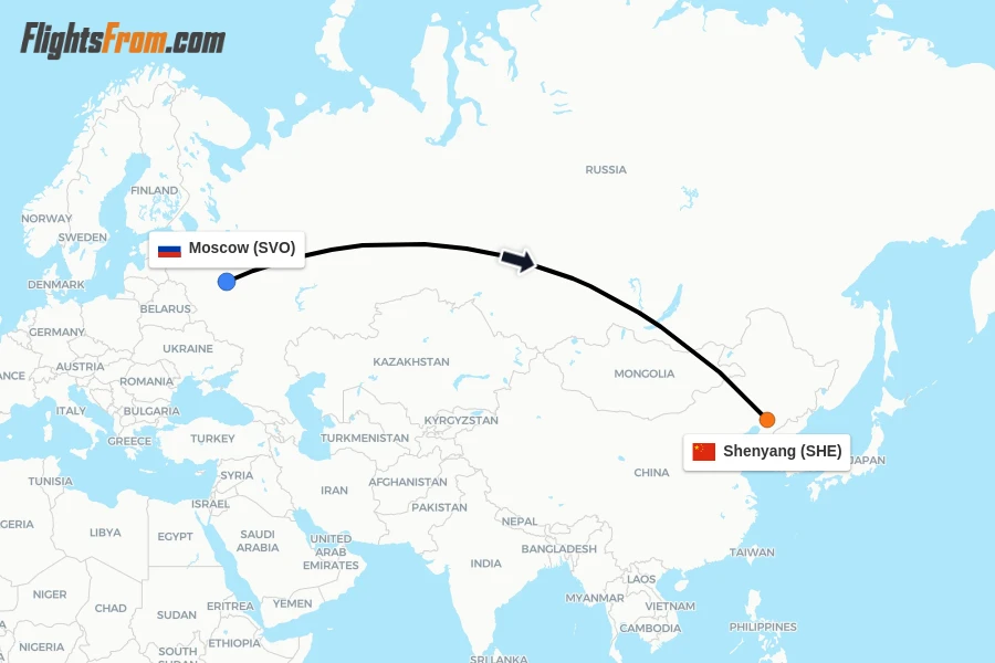 Flights from Moscow to Shenyang route map