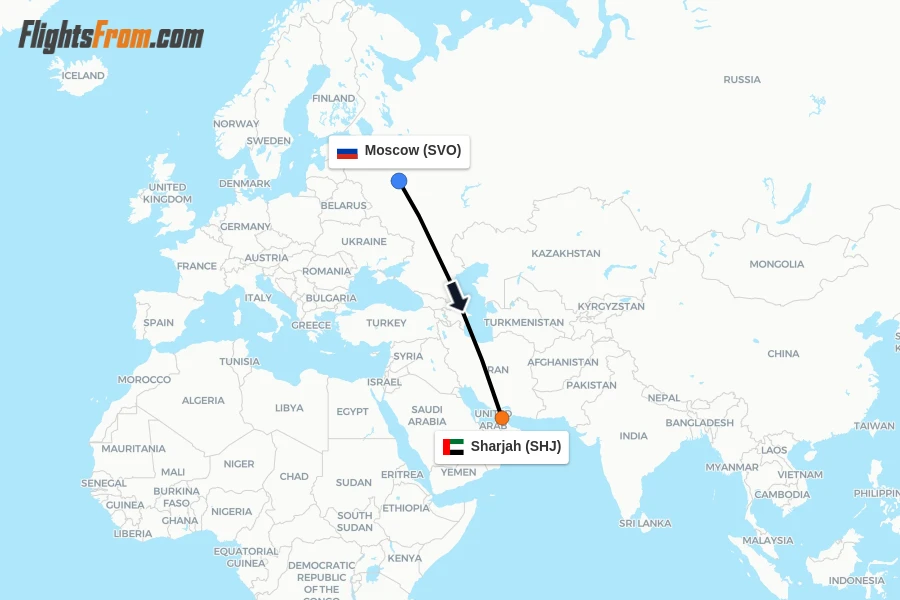 Flights from Moscow to Sharjah route map