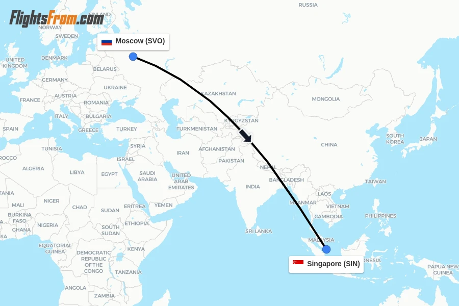 Flights from Moscow to Singapore route map