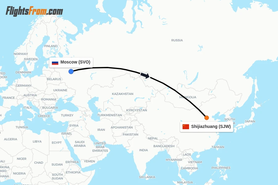 Flights from Moscow to Shijiazhuang route map