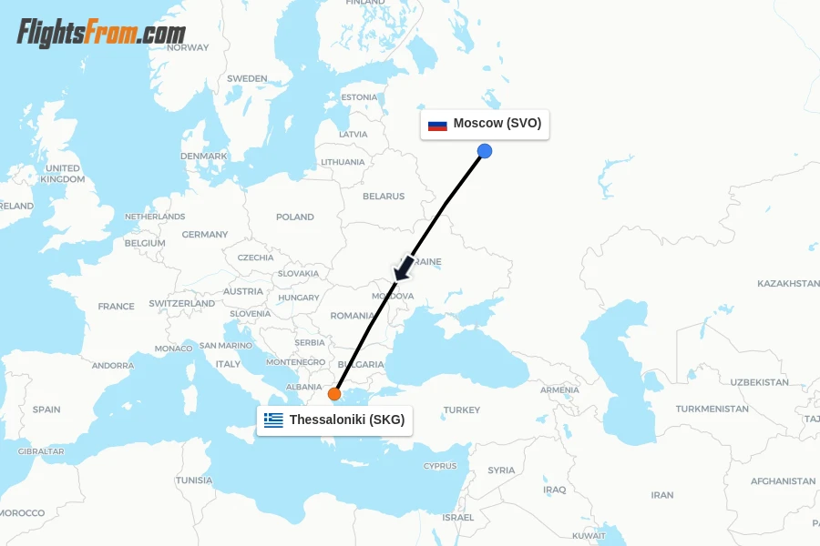 Flights from Moscow to Thessaloniki route map
