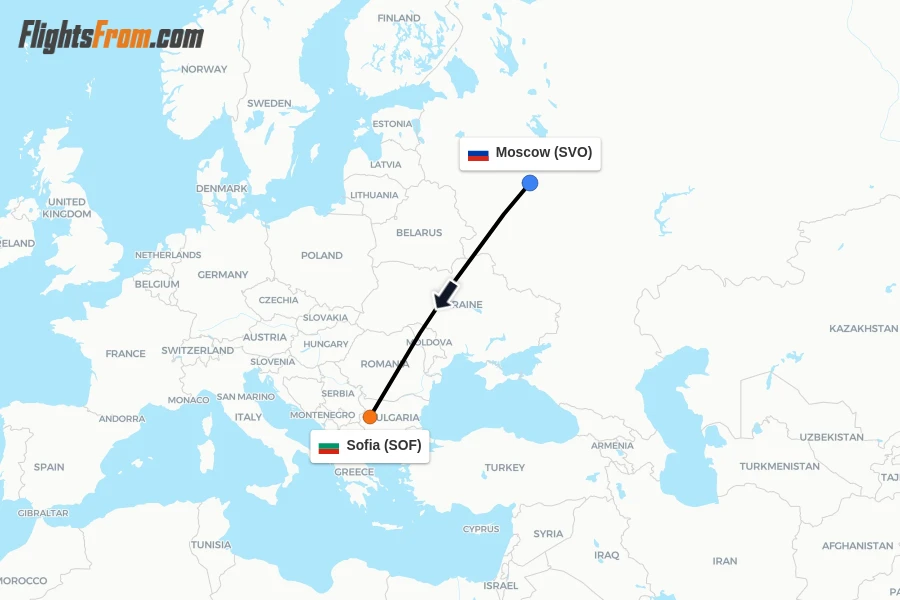 Flights from Moscow to Sofia route map