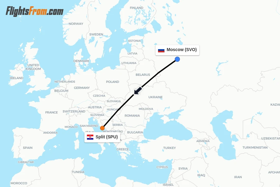 Flights from Moscow to Split route map