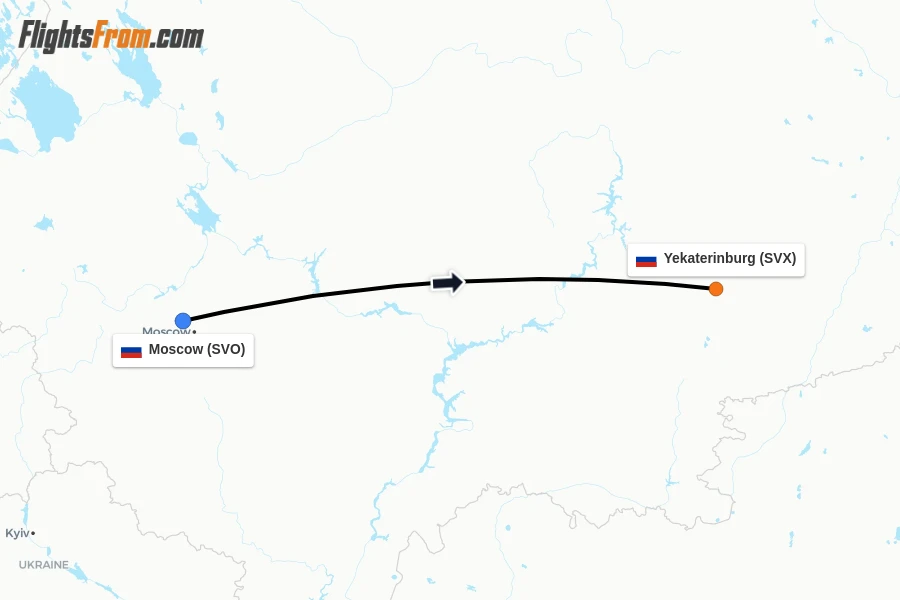 Flights from Moscow to Yekaterinburg route map
