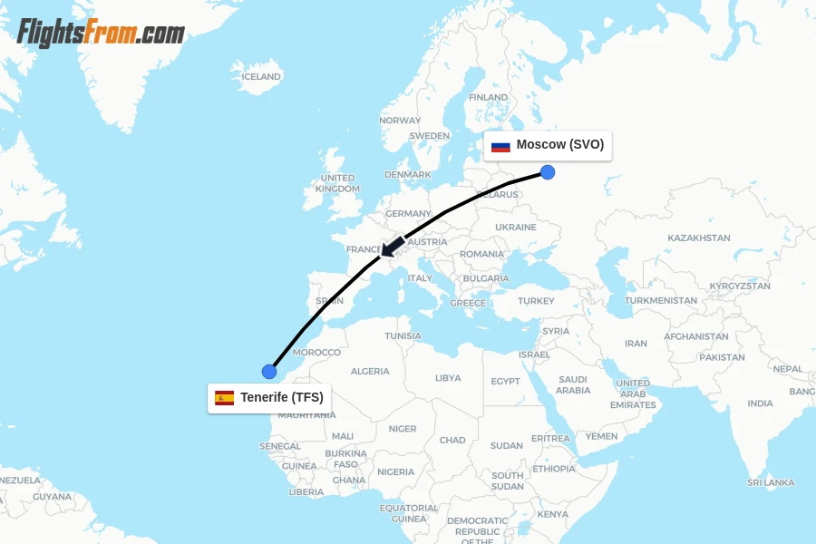 Flights from Moscow to Tenerife route map