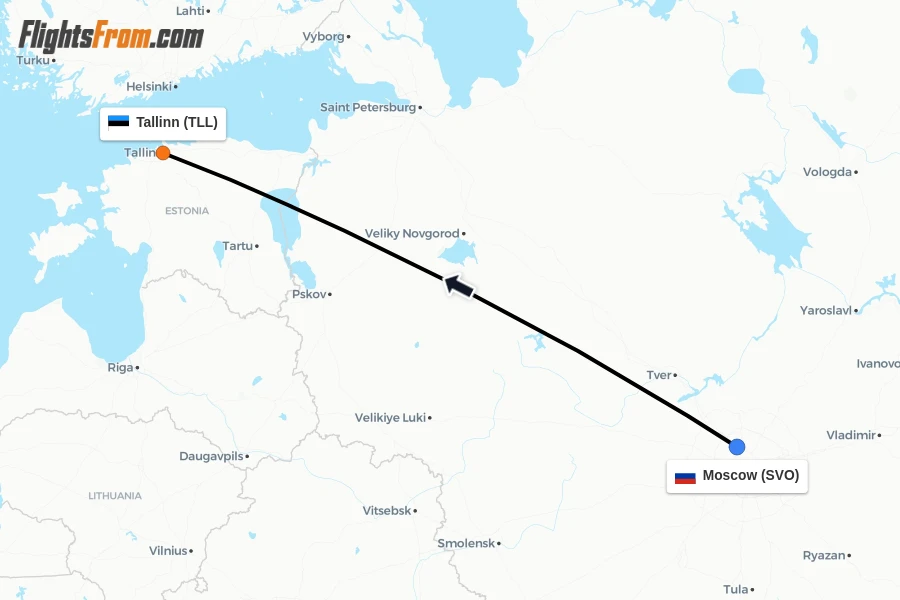 Flights from Moscow to Tallinn route map