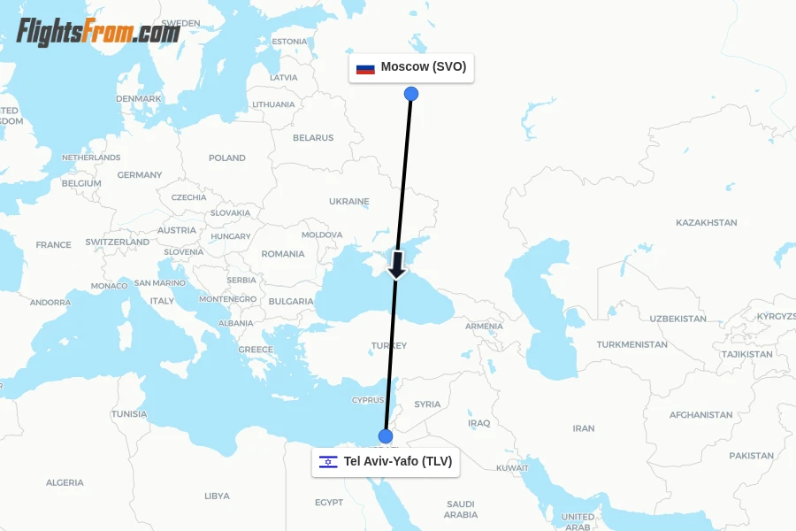 Flights from Moscow to Tel Aviv-Yafo route map