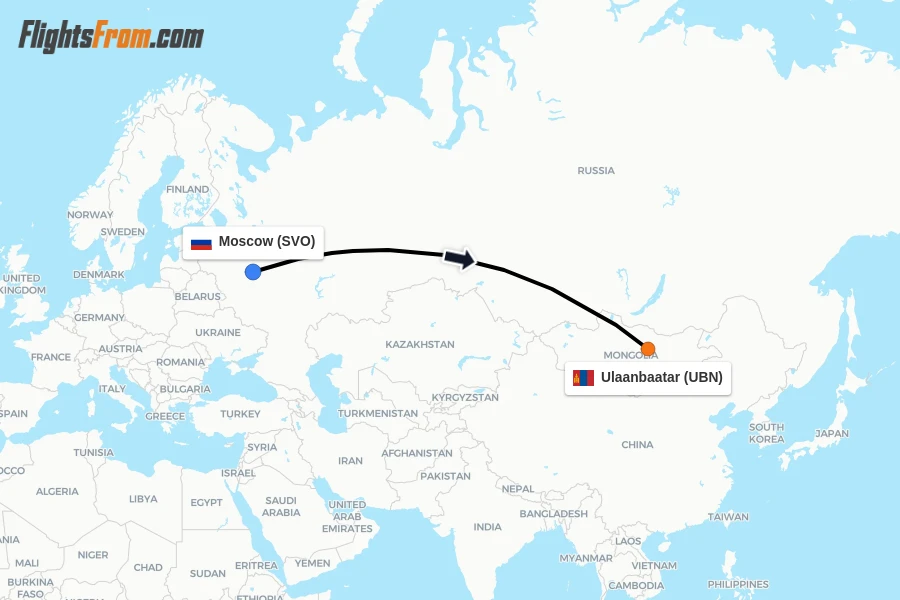 Flights from Moscow to Ulaanbaatar route map