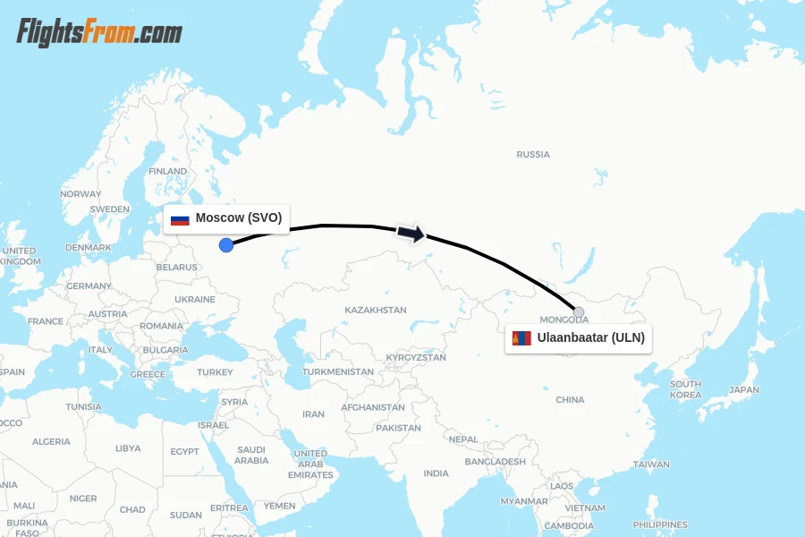 Flights from Moscow to Ulaanbaatar route map