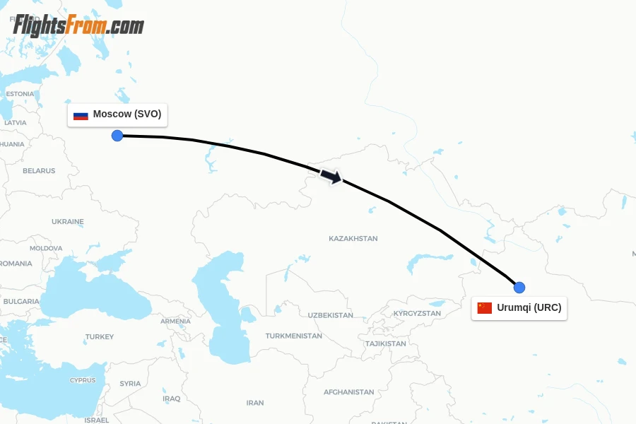 Flights from Moscow to Urumqi route map