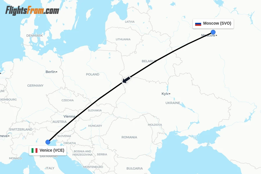 Flights from Moscow to Venice route map