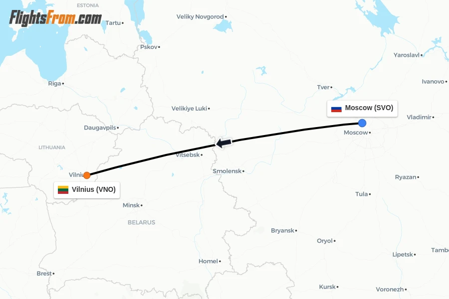 Flights from Moscow to Vilnius route map