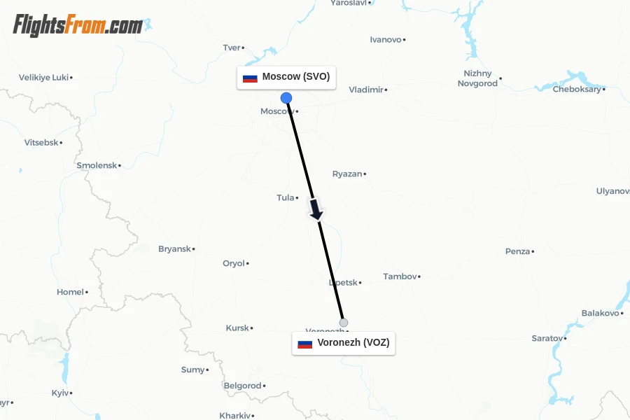 Flights from Moscow to Voronezh route map