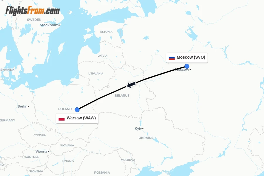 Flights from Moscow to Warsaw route map