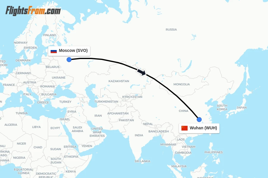 Flights from Moscow to Wuhan route map