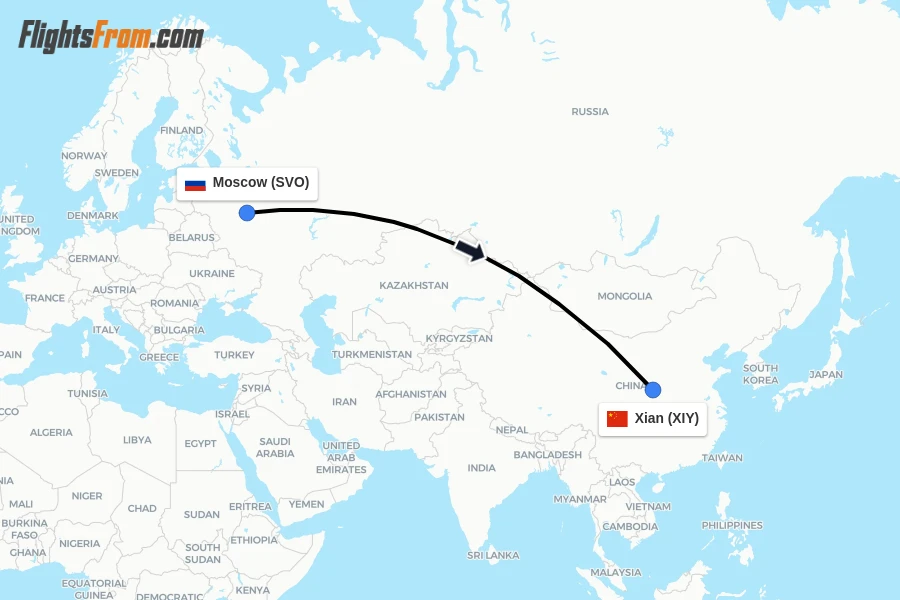 Flights from Moscow to Xian route map