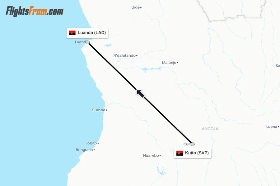 Flights from Kuito to Luanda route map
