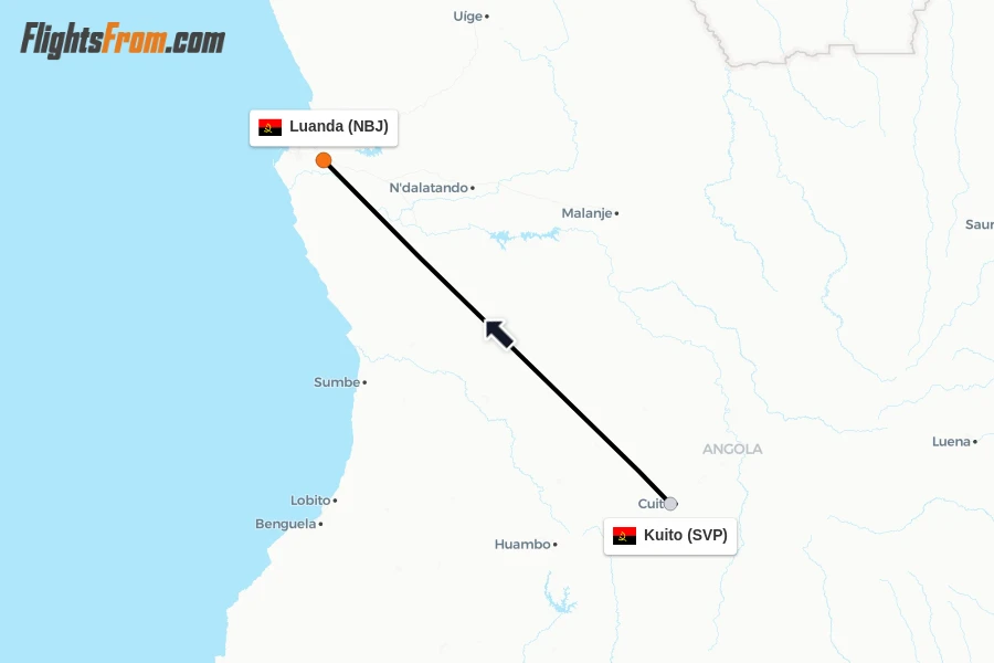 Flights from Kuito to Luanda route map