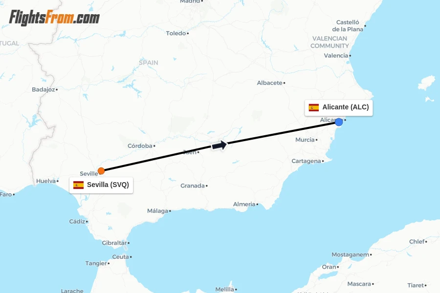 Flights from Sevilla to Alicante route map