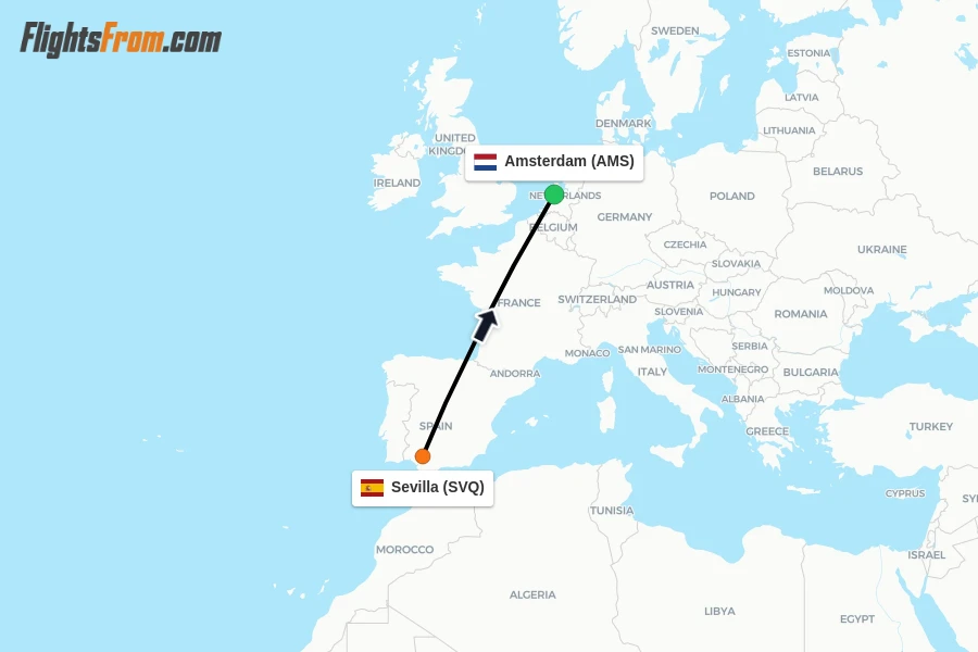 Flights from Sevilla to Amsterdam route map