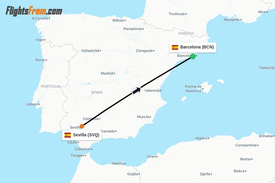 Flights from Sevilla to Barcelona route map